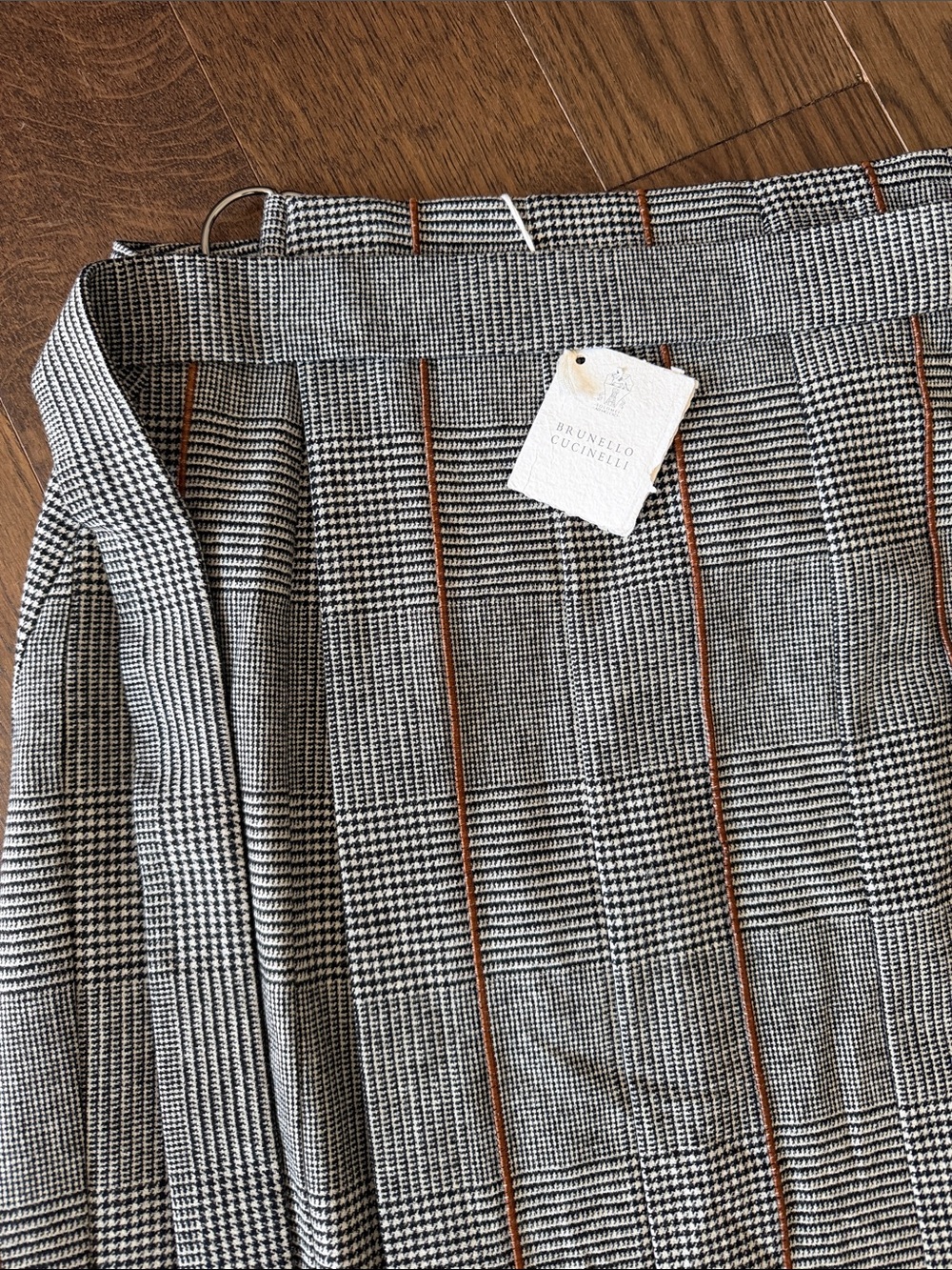 Brunello Cucinelli Black and White Glen Plaid Midi Skirt with Brown Pinstripe